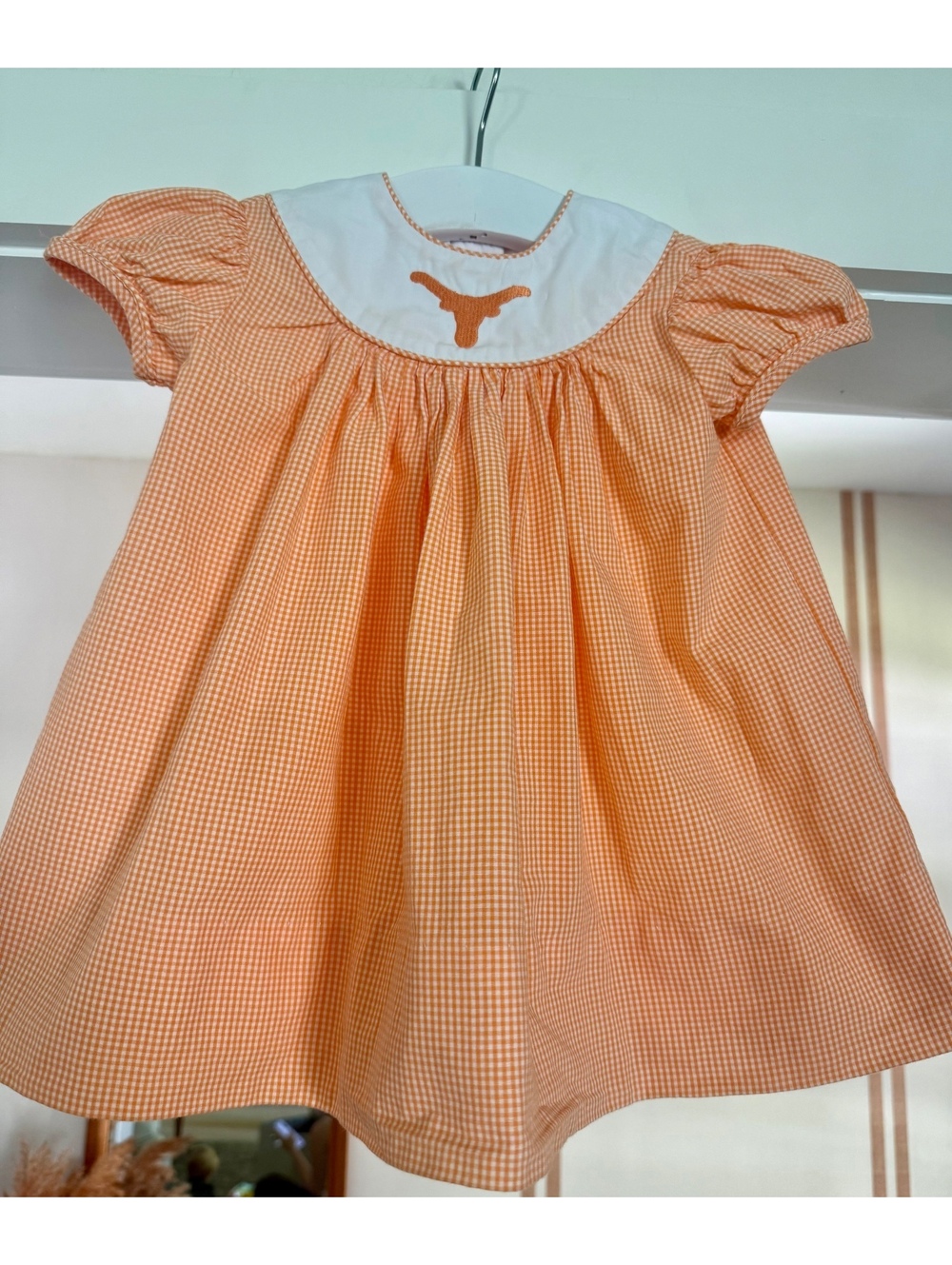 Lullaby Set Orange and White Gingham Longhorns Smocked Dress Sz 9 Months